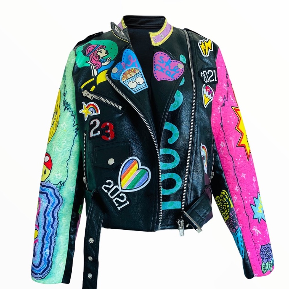 TOO COOL Graphic Retro Patches Faux Leather Jacket L XL